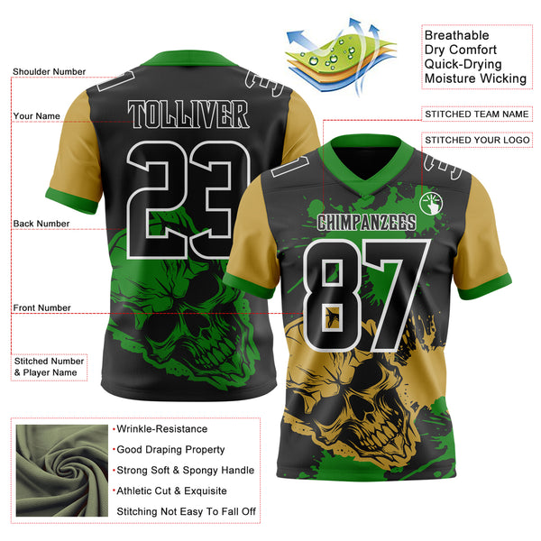 Custom Black Grass Green Old Gold-White Authentic Skull Paint Splatter Football Jersey