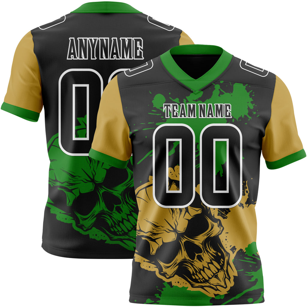 Custom Black Grass Green Old Gold-White Authentic Skull Paint Splatter Football Jersey