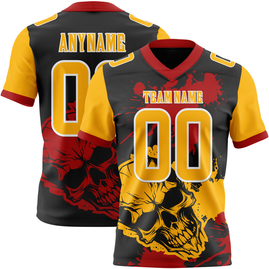 Custom Black Gold Red-White Authentic Skull Paint Splatter Football Jersey