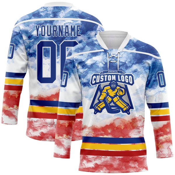 Custom Tie Dye Royal White Yellow-Red Watercolor Cloud Splatter Hockey Lace Neck Jersey