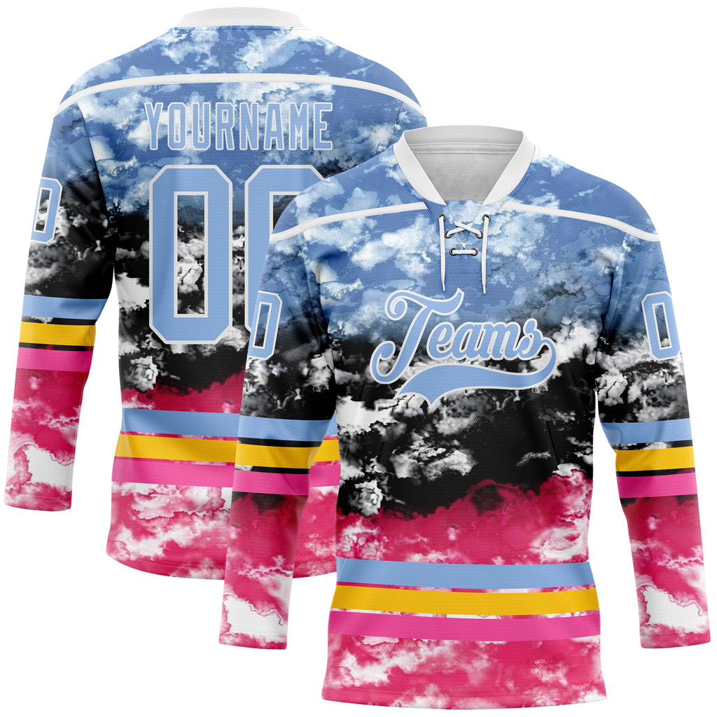Custom Tie Dye Light Blue White Yellow-Pink Watercolor Cloud Splatter Hockey Lace Neck Jersey