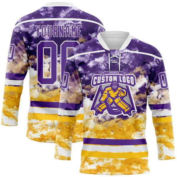 Custom Tie Dye Purple White-Yellow Watercolor Cloud Splatter Hockey Lace Neck Jersey