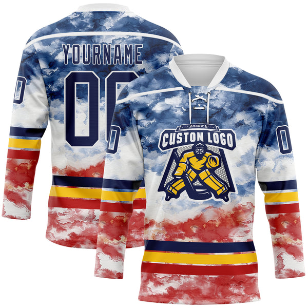 Custom Tie Dye Navy White Yellow-Red Watercolor Cloud Splatter Hockey Lace Neck Jersey