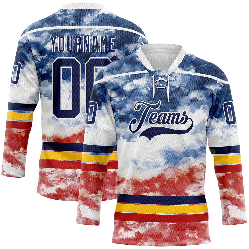 Custom Tie Dye Navy White Yellow-Red Watercolor Cloud Splatter Hockey Lace Neck Jersey