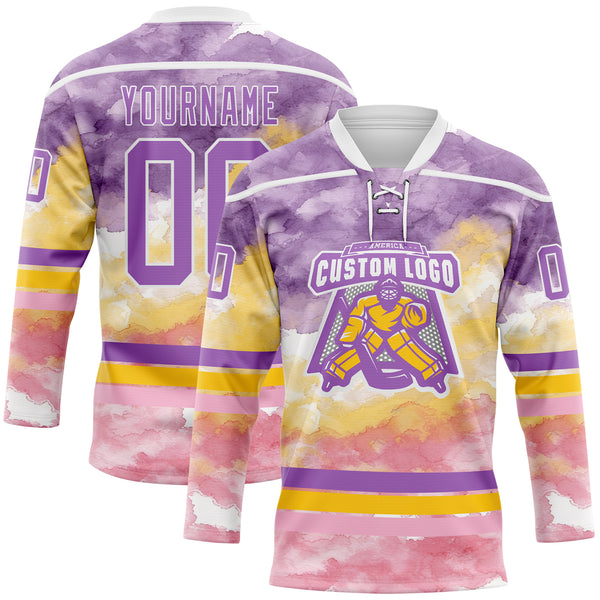 Custom Tie Dye Medium Purple White Yellow-Light Pink Watercolor Cloud Splatter Hockey Lace Neck Jersey