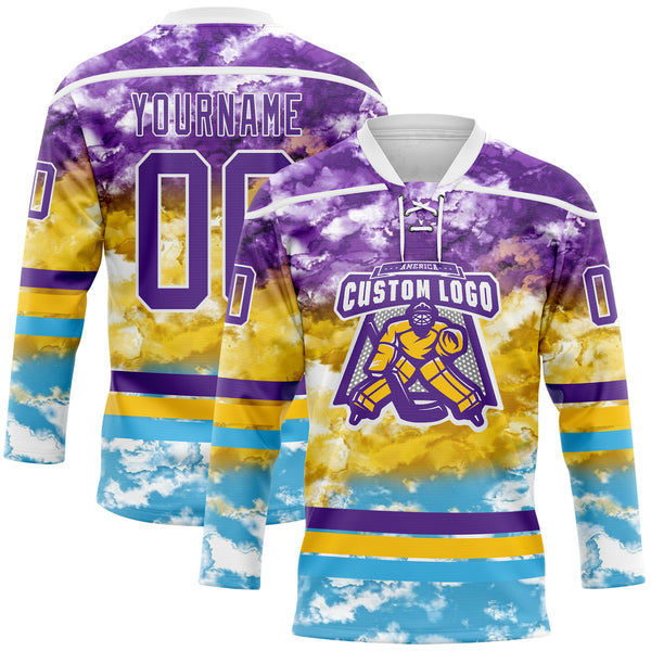 Custom Tie Dye Purple White Yellow-Sky Blue Watercolor Cloud Splatter Hockey Lace Neck Jersey