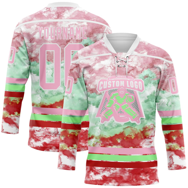 Custom Tie Dye Light Pink White Pea Green-Red Watercolor Cloud Splatter Hockey Lace Neck Jersey