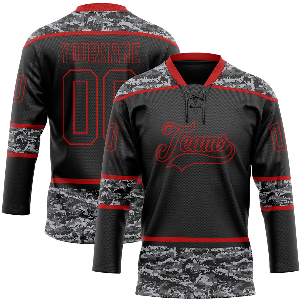 Custom Black Camo-Red Digital Camouflage Accent Hockey Lace Neck Jersey