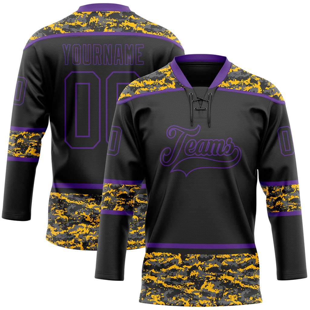 Custom Black Camo-Purple Digital Camouflage Accent Hockey Lace Neck Jersey