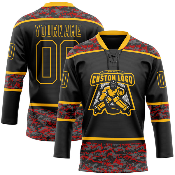 Custom Black Camo-Gold Digital Camouflage Accent Hockey Lace Neck Jersey
