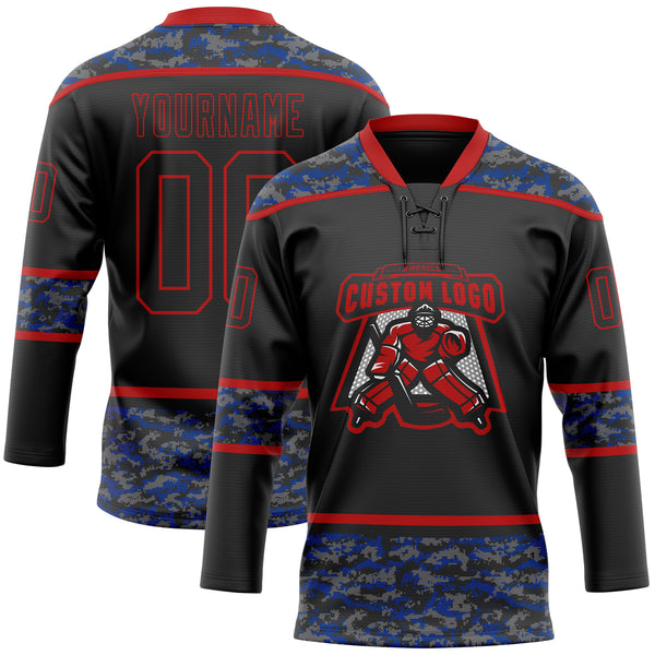 Custom Black Camo-Red Digital Camouflage Accent Hockey Lace Neck Jersey