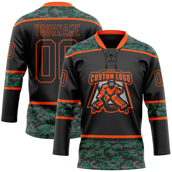 Custom Black Camo-Orange Digital Camouflage Accent Hockey Lace Neck Jersey