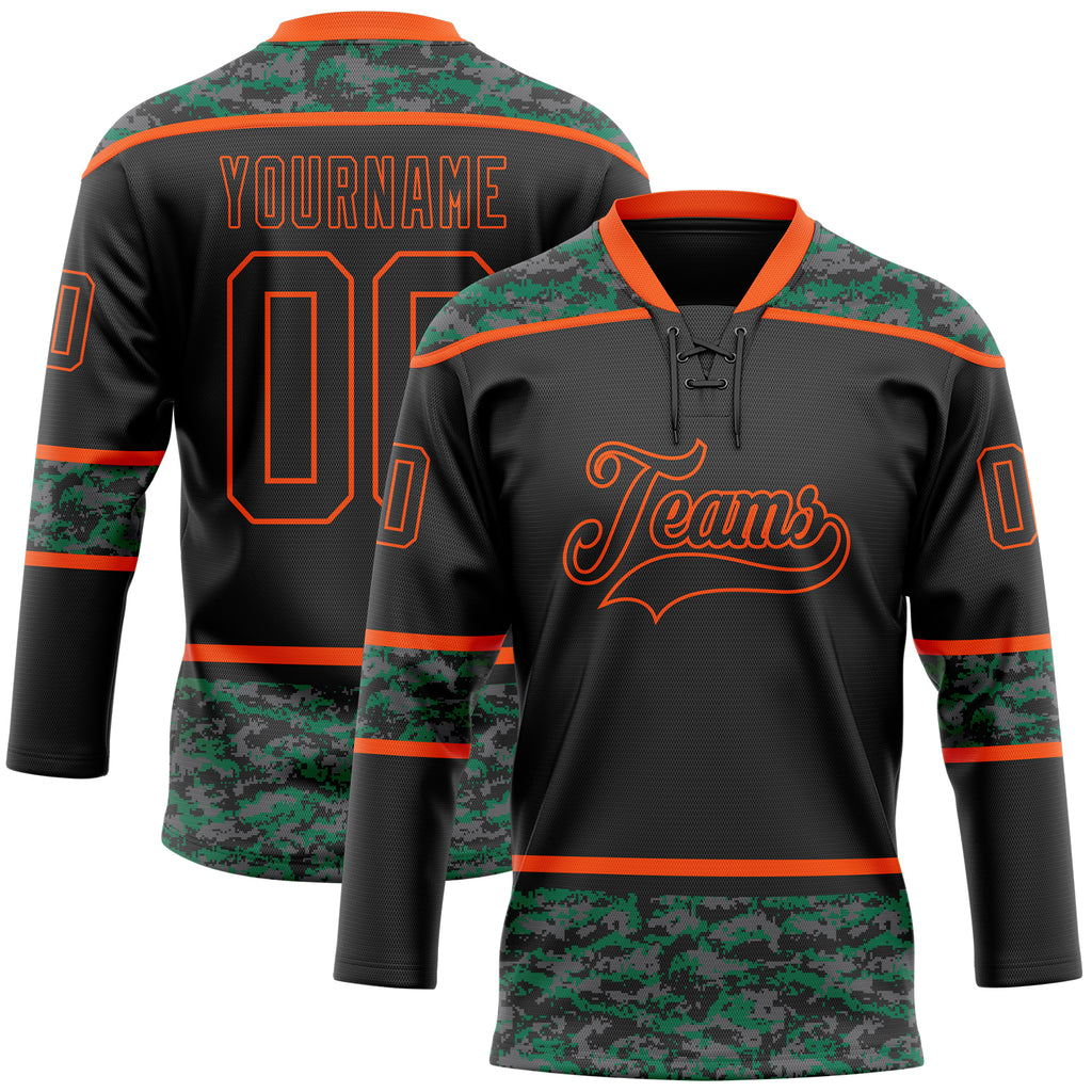 Custom Black Camo-Orange Digital Camouflage Accent Hockey Lace Neck Jersey