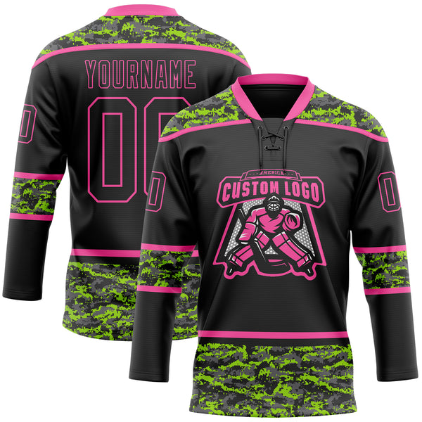 Custom Black Camo-Pink Digital Camouflage Accent Hockey Lace Neck Jersey