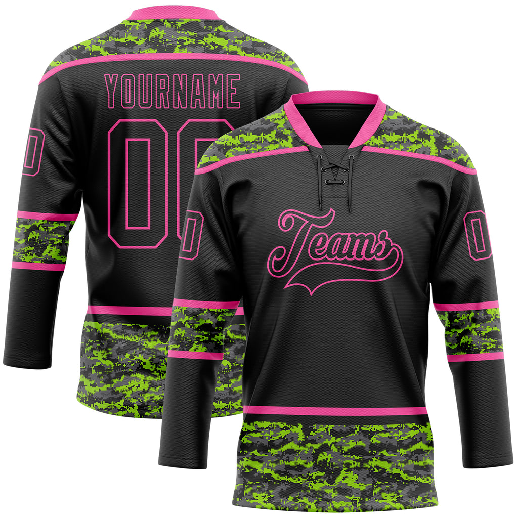 Custom Black Camo-Pink Digital Camouflage Accent Hockey Lace Neck Jersey