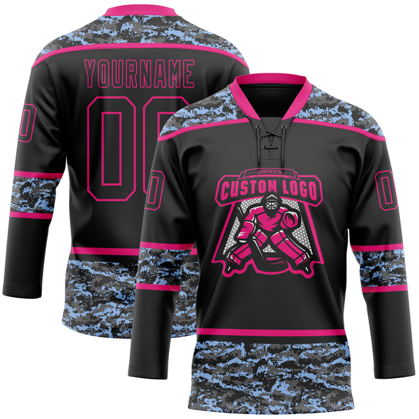 Custom Black Camo-Hot Pink Digital Camouflage Accent Hockey Lace Neck Jersey