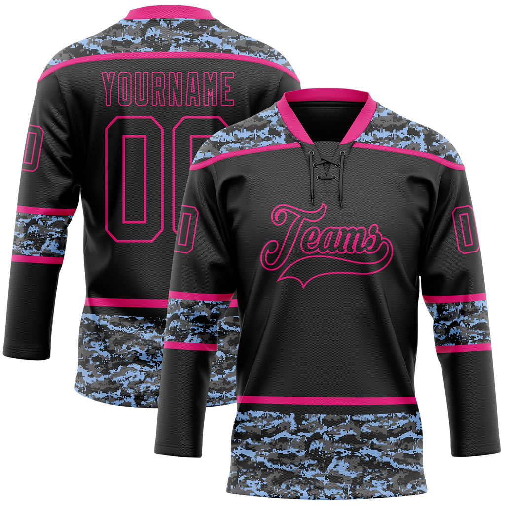 Custom Black Camo-Hot Pink Digital Camouflage Accent Hockey Lace Neck Jersey
