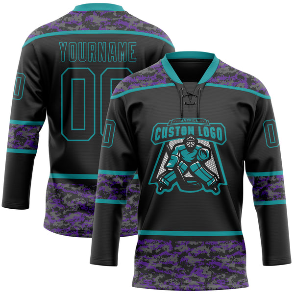 Custom Black Camo-Teal Digital Camouflage Accent Hockey Lace Neck Jersey