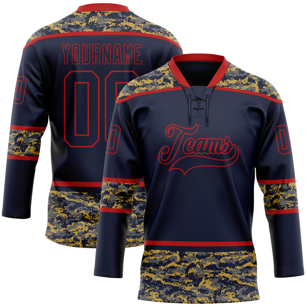 Custom Navy Camo-Red Digital Camouflage Accent Hockey Lace Neck Jersey