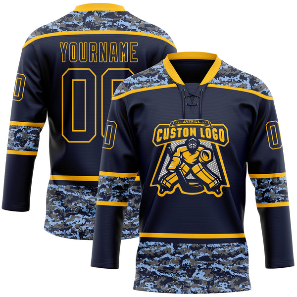 Custom Navy Camo-Gold Digital Camouflage Accent Hockey Lace Neck Jersey