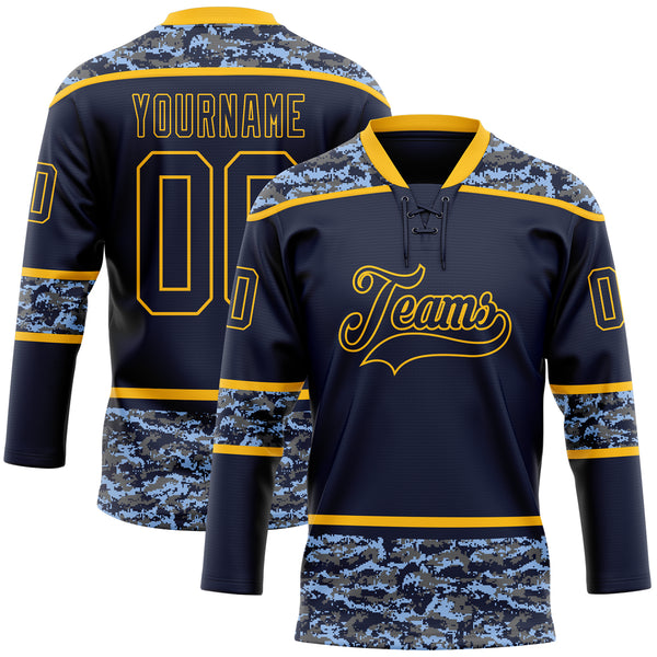 Custom Navy Camo-Gold Digital Camouflage Accent Hockey Lace Neck Jersey
