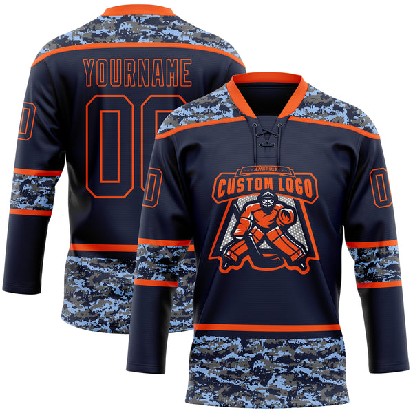 Custom Navy Camo-Orange Digital Camouflage Accent Hockey Lace Neck Jersey