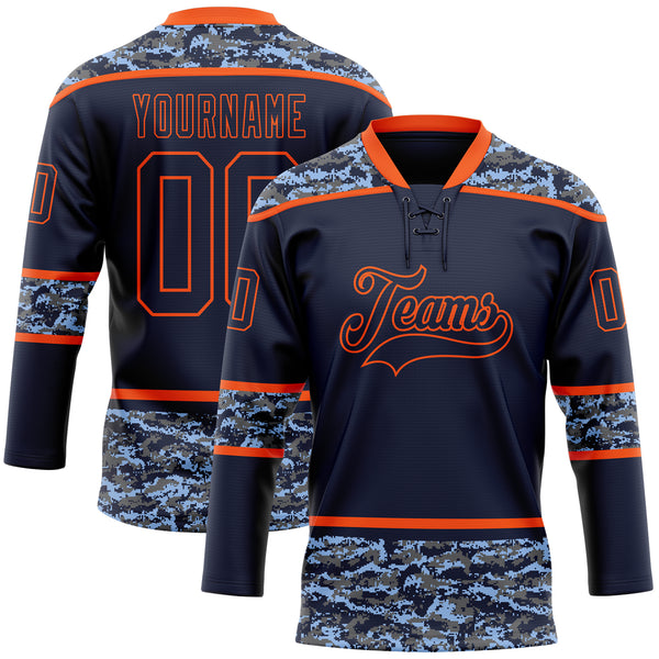 Custom Navy Camo-Orange Digital Camouflage Accent Hockey Lace Neck Jersey