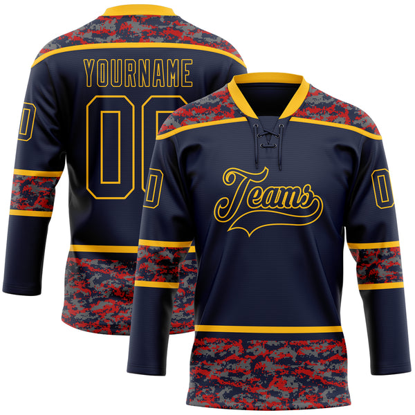 Custom Navy Camo-Gold Digital Camouflage Accent Hockey Lace Neck Jersey