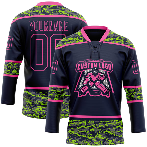 Custom Navy Camo-Pink Digital Camouflage Accent Hockey Lace Neck Jersey