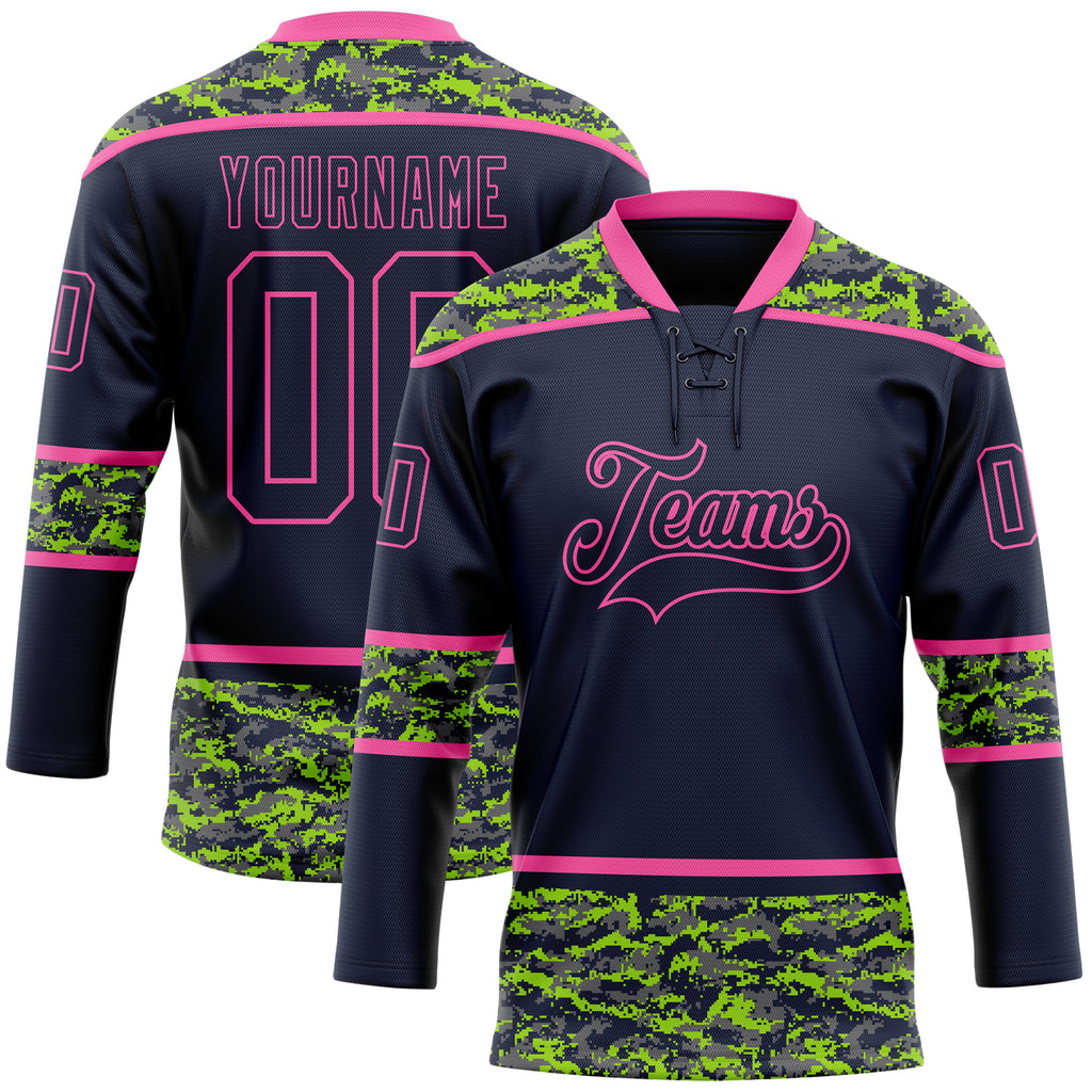Custom Navy Camo-Pink Digital Camouflage Accent Hockey Lace Neck Jersey