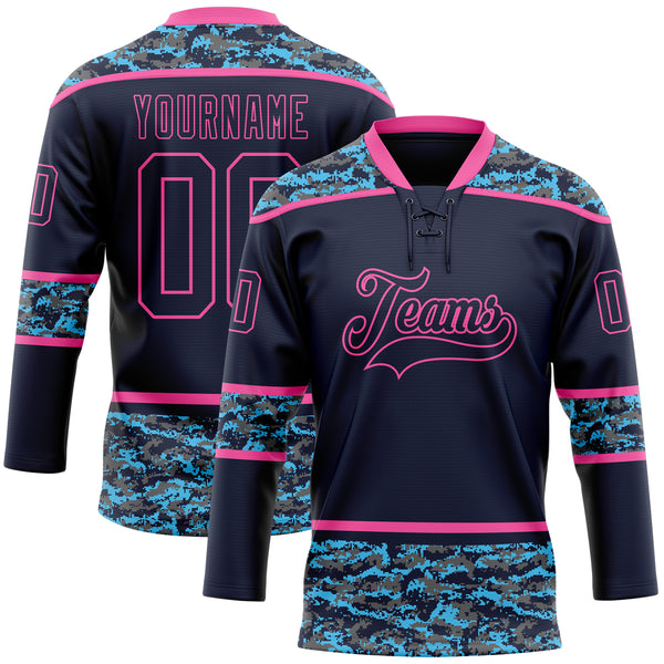 Custom Navy Camo-Pink Digital Camouflage Accent Hockey Lace Neck Jersey