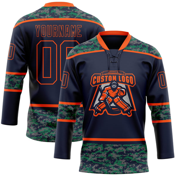 Custom Navy Camo-Orange Digital Camouflage Accent Hockey Lace Neck Jersey
