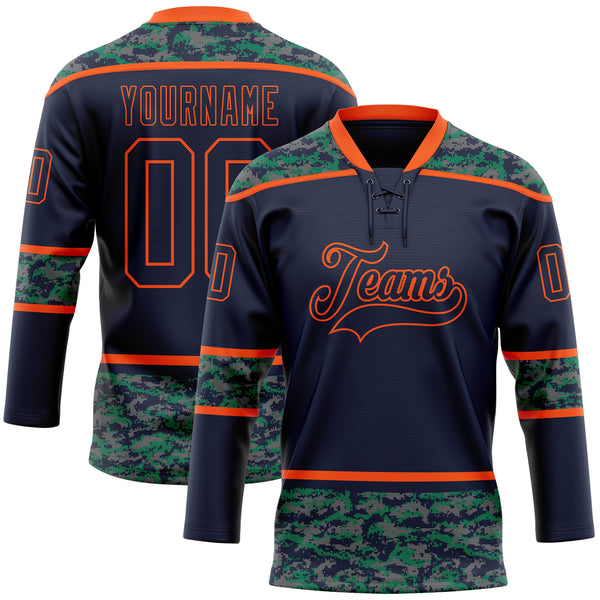 Custom Navy Camo-Orange Digital Camouflage Accent Hockey Lace Neck Jersey