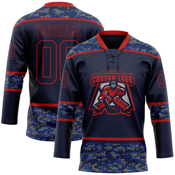 Custom Navy Camo-Red Digital Camouflage Accent Hockey Lace Neck Jersey