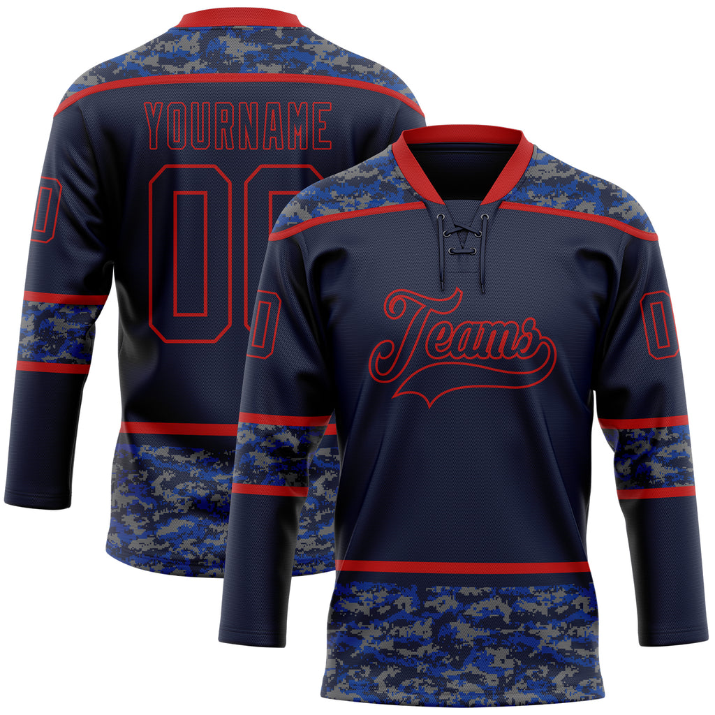 Custom Navy Camo-Red Digital Camouflage Accent Hockey Lace Neck Jersey