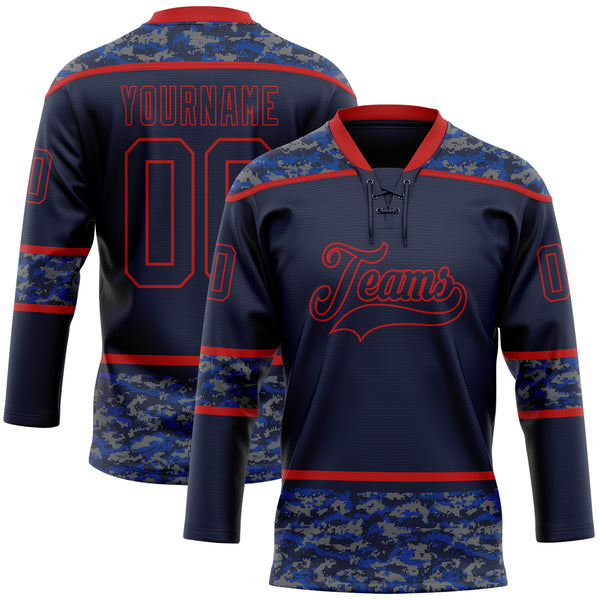 Custom Navy Camo-Red Digital Camouflage Accent Hockey Lace Neck Jersey
