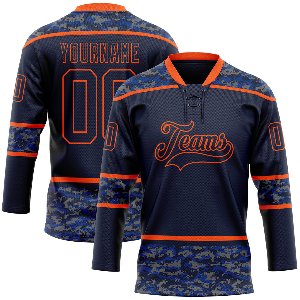 Custom Navy Camo-Orange Digital Camouflage Accent Hockey Lace Neck Jersey