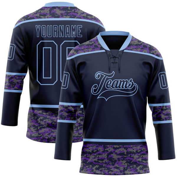 Custom Navy Camo-Light Blue Digital Camouflage Accent Hockey Lace Neck Jersey
