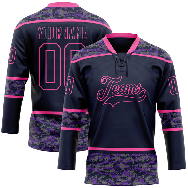 Custom Navy Camo-Pink Digital Camouflage Accent Hockey Lace Neck Jersey