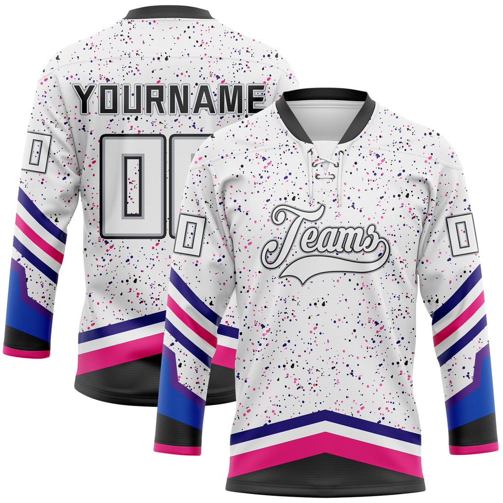 Custom White Black Hot Pink Dark Purple-Gray Paint Splatter Stripe Lace Neck Hockey Jersey