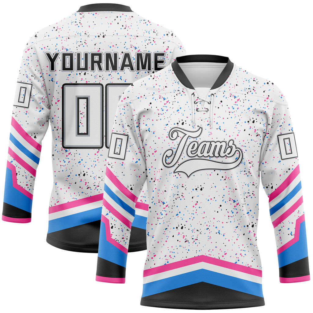 Custom White Black Pink Powder Blue-Gray Paint Splatter Stripe Lace Neck Hockey Jersey