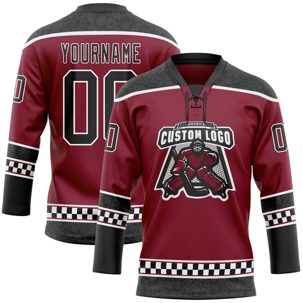 Custom Crimson Black-White Leopard Print Checkered Stripe Lace Neck Hockey Jersey
