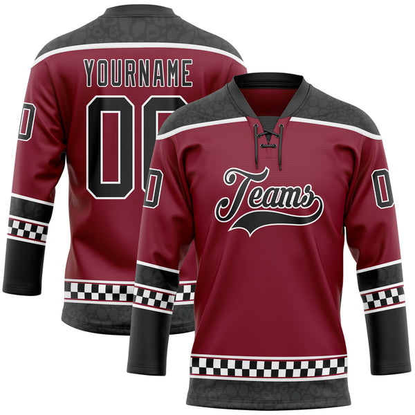 Custom Crimson Black-White Leopard Print Checkered Stripe Lace Neck Hockey Jersey