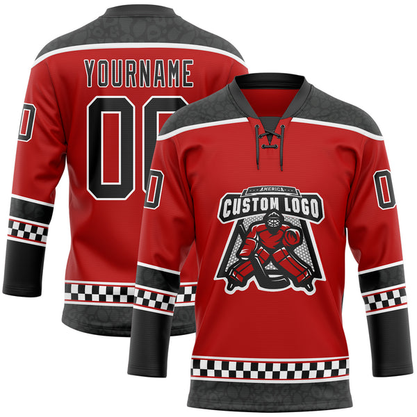 Custom Red Black-White Leopard Print Checkered Stripe Lace Neck Hockey Jersey