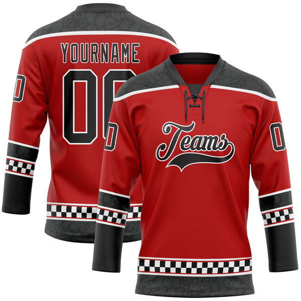 Custom Red Black-White Leopard Print Checkered Stripe Lace Neck Hockey Jersey