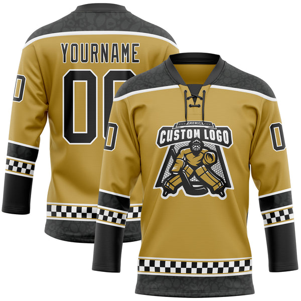 Custom Old Gold Black-White Leopard Print Checkered Stripe Lace Neck Hockey Jersey