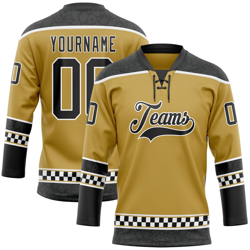 Custom Old Gold Black-White Leopard Print Checkered Stripe Lace Neck Hockey Jersey