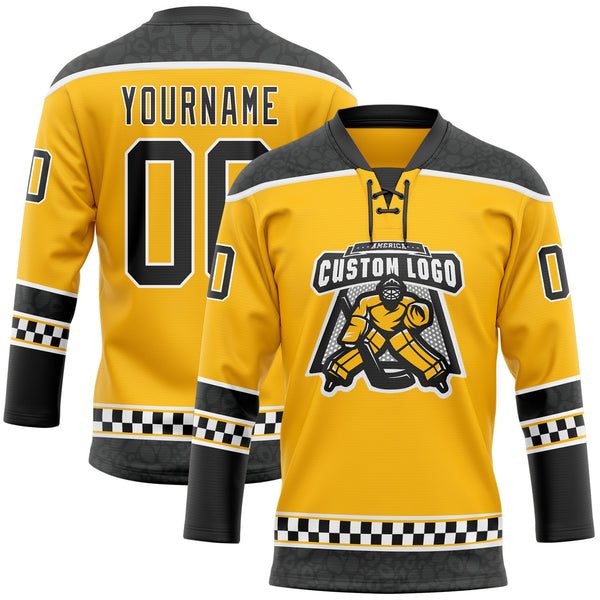 Custom Gold Black-White Leopard Print Checkered Stripe Lace Neck Hockey Jersey