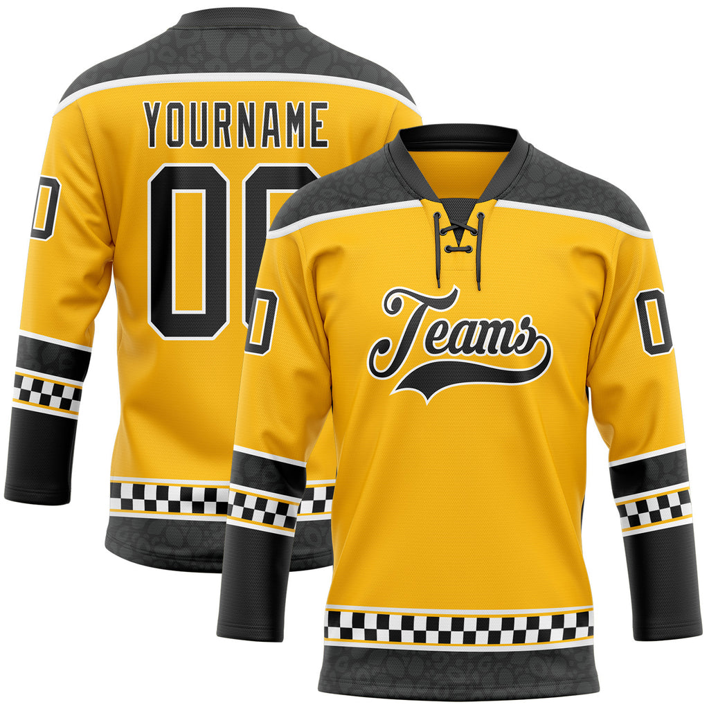 Custom Gold Black-White Leopard Print Checkered Stripe Lace Neck Hockey Jersey