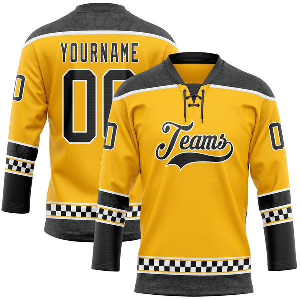 Custom Gold Black-White Leopard Print Checkered Stripe Lace Neck Hockey Jersey